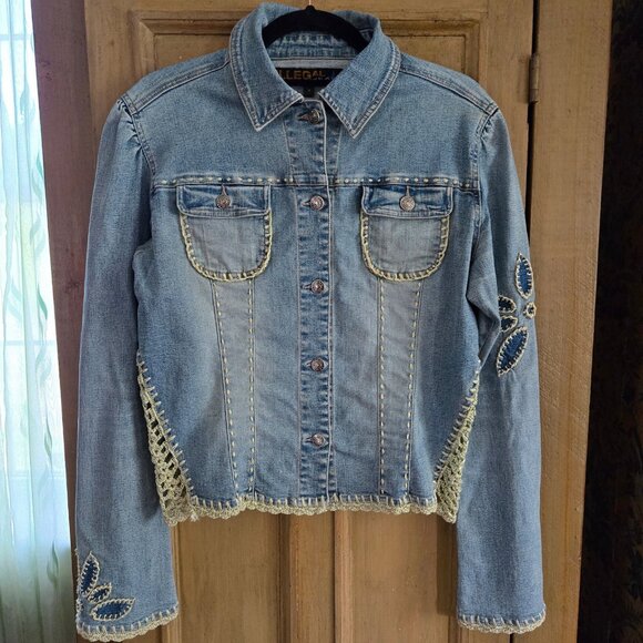 Y2K Denim Jean Jacket Crochet Trim Applique Size 11 Boho Fairy Grunge Stretch - Picture 1 of 13